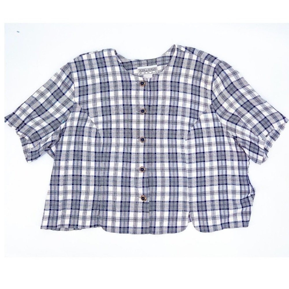 Jessica Howard Woman Vintage Plaid Button Front Top Blue White Size 22 Short Slv